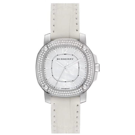 BURBERRY MOTHER OF PEARL WHITE LEATHER STRAP THE BRITAIN DIAMOND WOMEN WATCH SKU BU1800